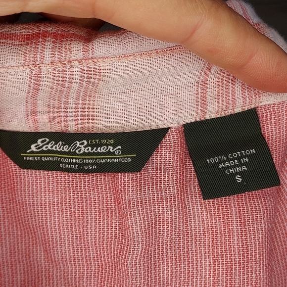 Eddie Bauer shirt button down long sleeve roll tab pink cream plaid print S - Picture 6 of 10
